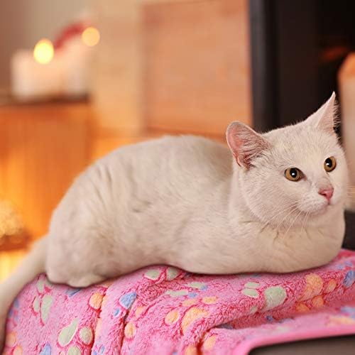 Tatuo 4 Pcs Dog Blanket for Pet Cat Blankets Indoor Puppy Teething Stuff Toys Paw Print Fleece Soft Blanket Sleep Mat for Guinea Pig Cage(White, Coffee, Pink, Purple,X-Large(41 x 30 Inch),Square)