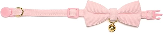 Cotton Breakaway Kitten Collar with Bow Tie and Bell Adjustable Cute Soft Corduroy Cat Collars for Small Female Cats(Pink,XS)