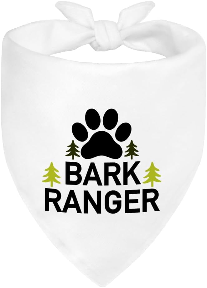 ZBBFSCSB Bark Ranger White Dog Bandana, Funny Gifts for Dog Lover Mom Dad, Puppy Scarf Photo Prop for Explore Outdoor Adventure Hiking Camping Mountain, Gifts for Ranger, Pet Scouts Bandana