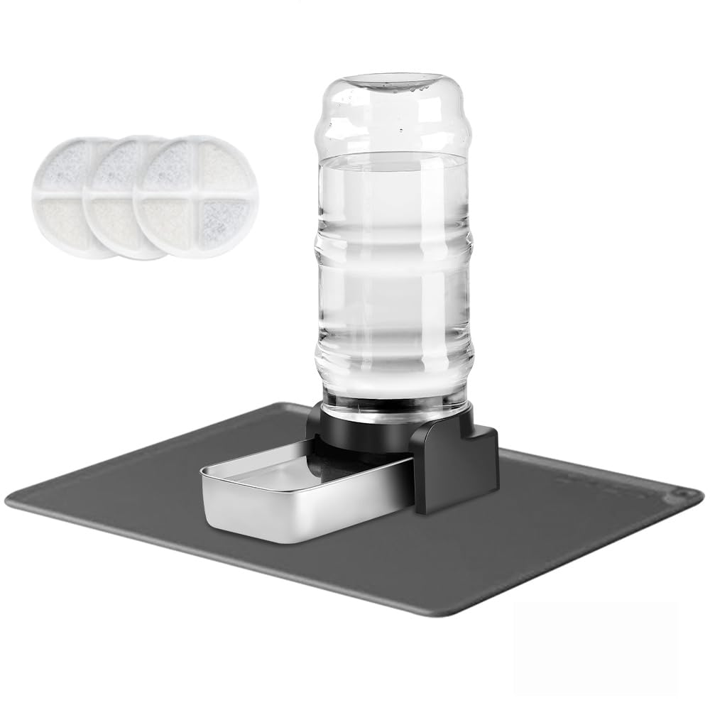Marchul 2.3 Gallon Dog Water Dispenser, Large Dog Water Dispenser with Placemat and Stainless Steel Bowl, Automatic Gravity Pet Bowl for Dogs Medium to Large (8.6L + 3 Filters + Mat)