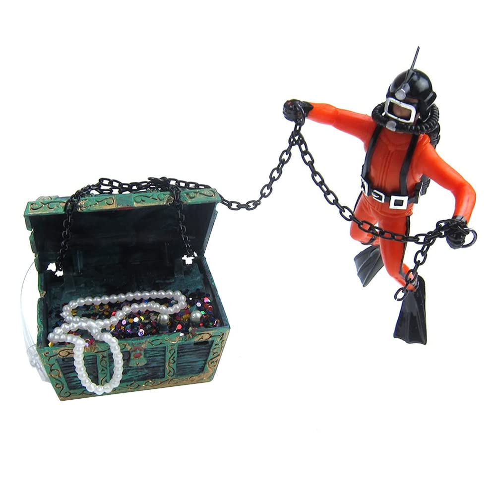 Eyech Live-Action Aquarium Ornament Creative Undersea Treasure Chest Diver Air Bubbler Aerating for Fish Tank Decorations Orange Color