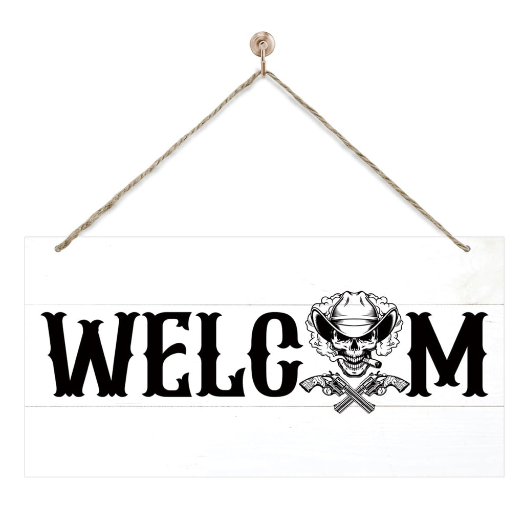 Welcome Sign for Front Door, Welcome Decor Wooden Hanging Sign for Wall Decor, CowBoy Skeleton Pattern Hanging Signs, Funny Wooden Outdoor Front Door Decoration 13.8X6.9 inches