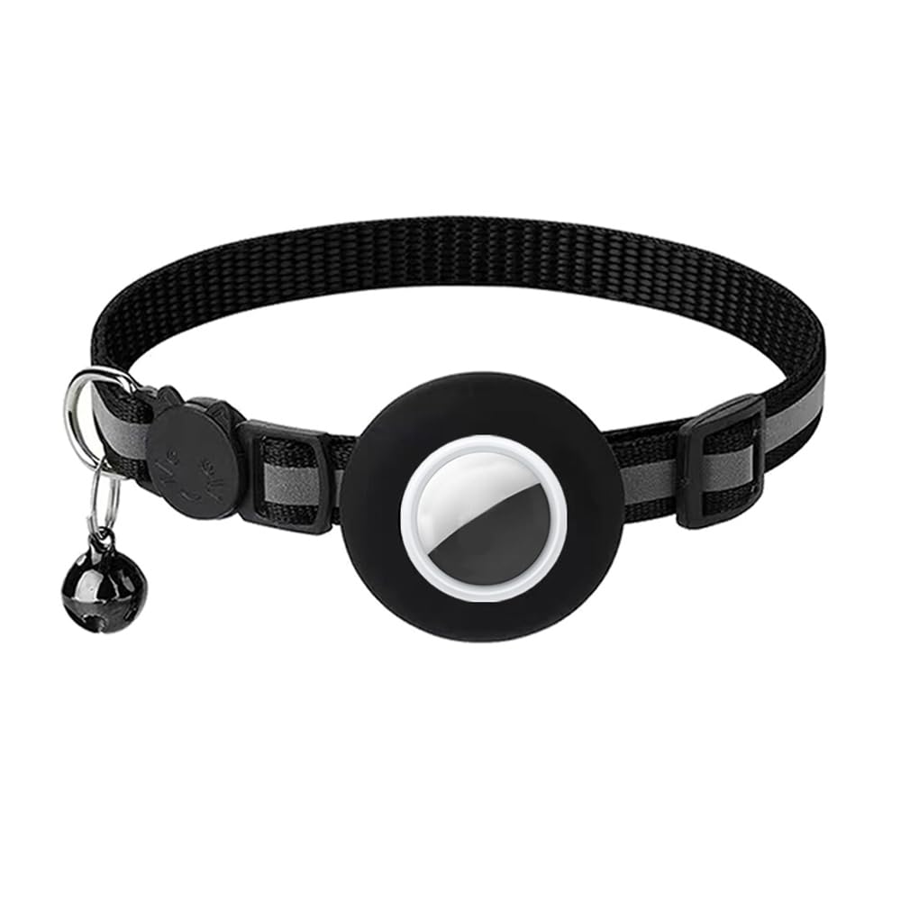 Breakaway AirTag Cat Collar with Reflective Strip, Compatible with AirTag – Lightweight and Adjustable Kitten Collar for Boy and Girl Kittens, Includes Safety Release Buckle and Bell (Black)