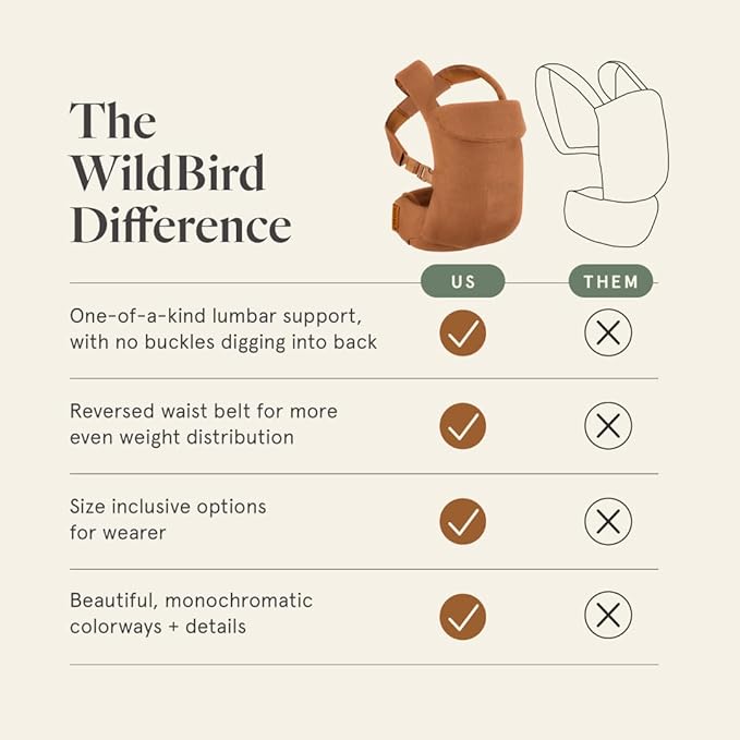 WildBird - Aerial Buckle Carrier - 2-24 Months - Large (L-4XL) Desert Lark - Front or Back Carry - Cross Straps, Lumbar Support, Headrest - Hip Healthy - Baby Carrier - Baby Essentials - New Mom Gifts