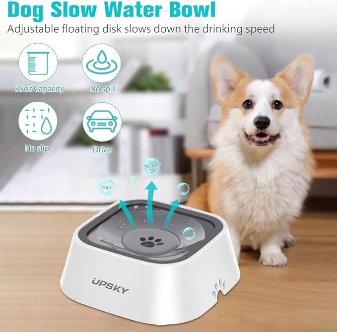 UPSKY 35oz No-Spill Pet Water Bowl, Slow Water Feeder for Dogs and Cats