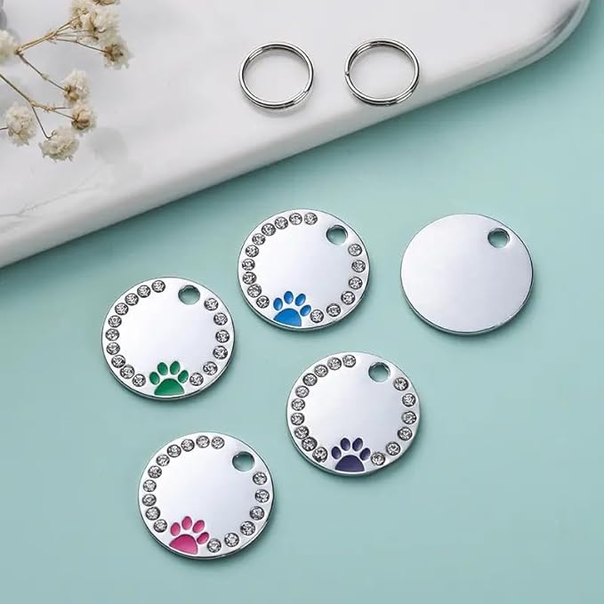 Personalized Dog/Cat Cute Paw Pet ID Tag for Pet Collar or Key Chain - Custom Laser Engraved Unique Dog/cat Name tag with Phone Number (Green, Crystals Round-Small)