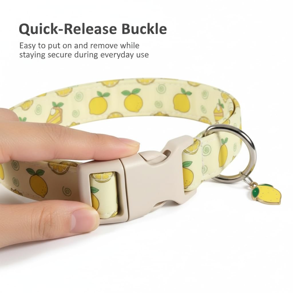 Britwicfr Dog Collar, Spring Summer Dog Collar with Yellow Lemon and Cute Charm, Pet Collar with Quick Release Buckle and Durable Fabric, Suitable for Small Dogs