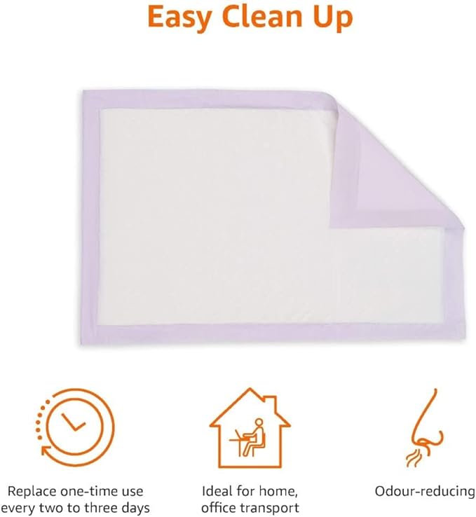 Amazon Basics Cat Pee Pads, Super Absorbent, Odor Control with Fresh Scent, Universal Fit for Litter Box, Multi Cat, Disposable, White/Purple, 100 Count
