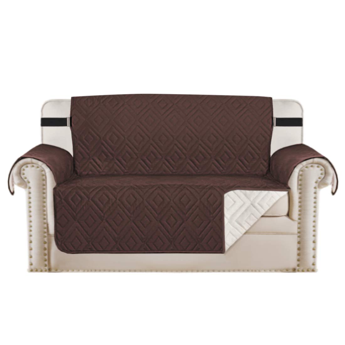 H.VERSAILTEX Reversible Loveseat Cover Furniture Protector Anti-Slip Water Resistant 2 Inch Wide Elastic Straps Couch Covers Pets Kids Fit Sitting Width Up to 46"(Love Seat: 75" x 90", Brown/Beige)