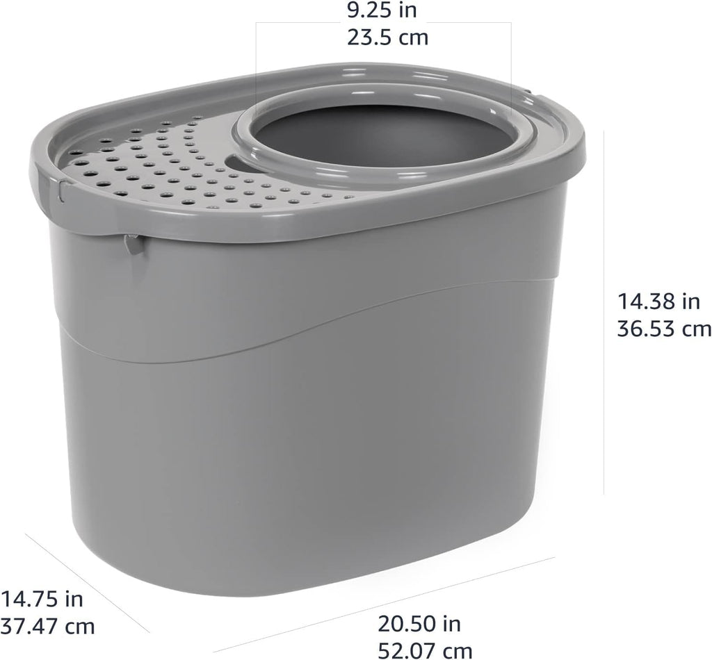 Amazon Basics Large Cat Litter Box with High Sides, Top Entry, Odor Control, Includes Scoop, 20.5 x 14.75 x 14.38 inches, Grey