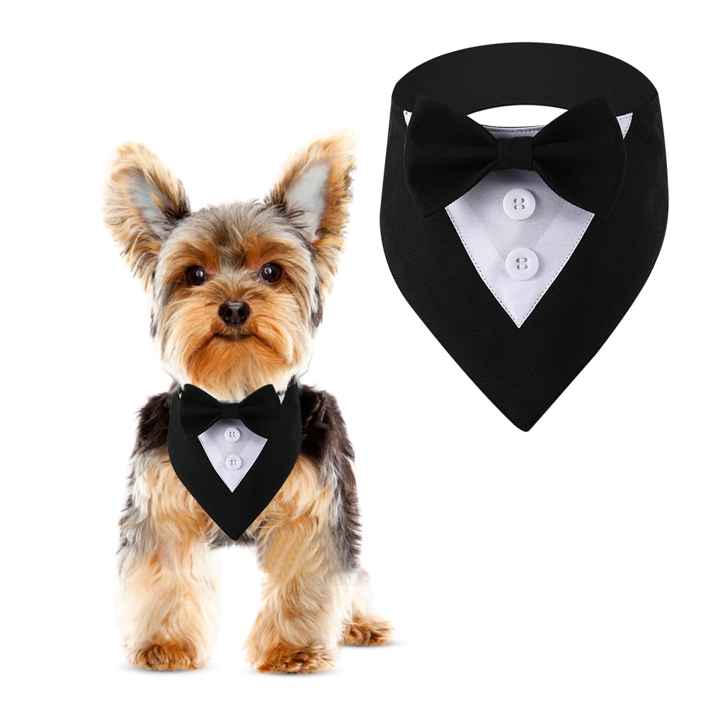 Dog Tuxedo, Adjustable Formal Wedding Outfit Bandana Dog Tux Collar with Bow Tie, Pet Birthday Valentines Outfit Cosplay(X-Small)