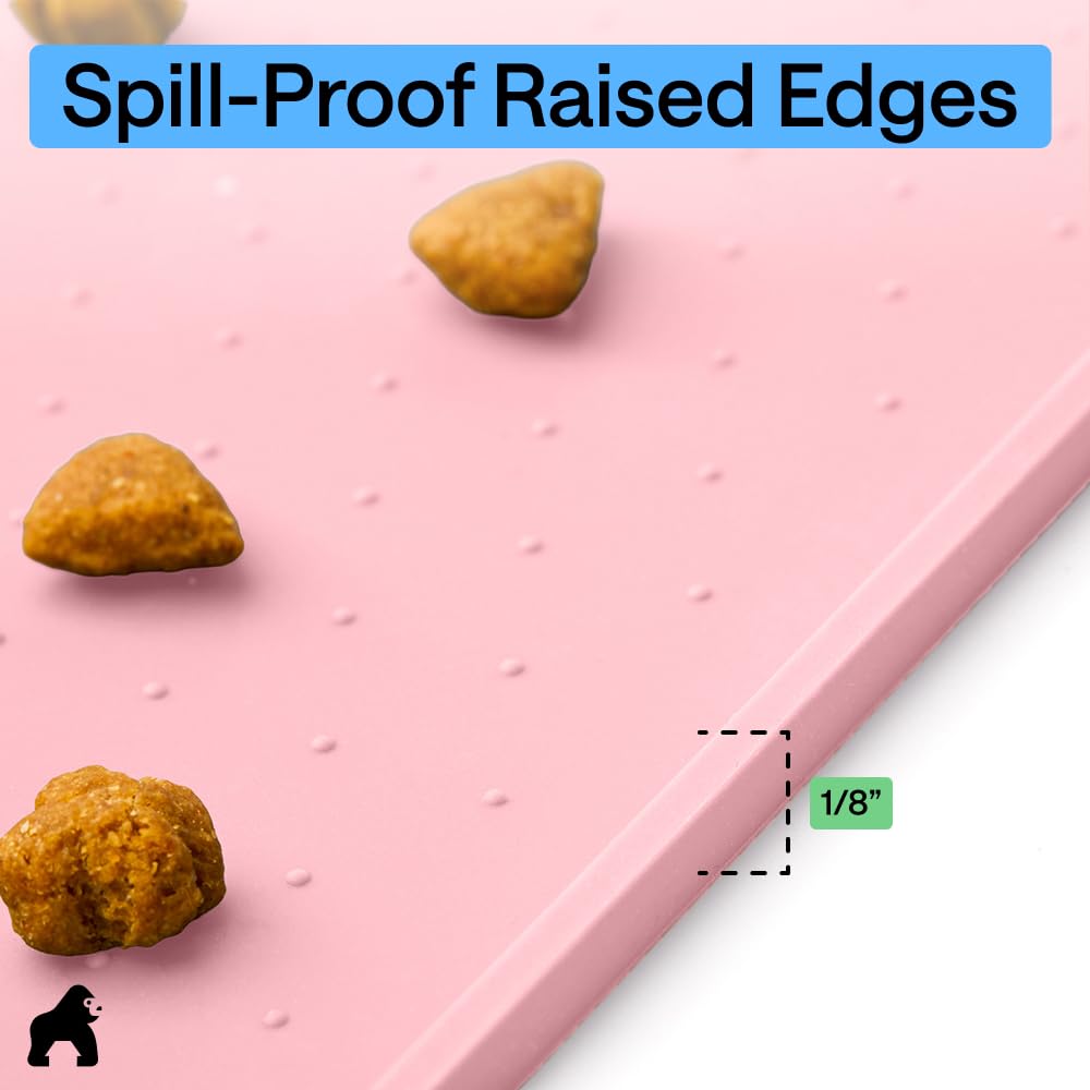 GORILLA GRIP 100% Waterproof Raised Edge BPA Free Silicone Pet Feeding Mat, Dog Cat Food Mats Contain Spills Protects Floors, Placemats for Cats and Dogs Water Bowl, Pets Accessories 18.5x11.5 Pink