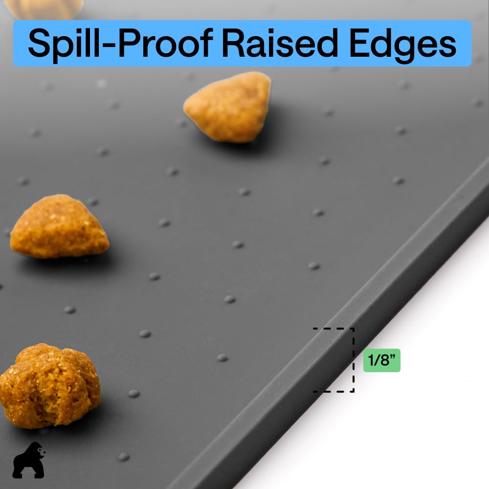 GORILLA GRIP 100% Waterproof Raised Edge BPA Free Silicone Pet Feeding Mat, Dog Cat Food Mats Contain Spills Protects Floors, Placemats for Cats and Dogs Water Bowl, Pets Accessories 16x10, Charcoal