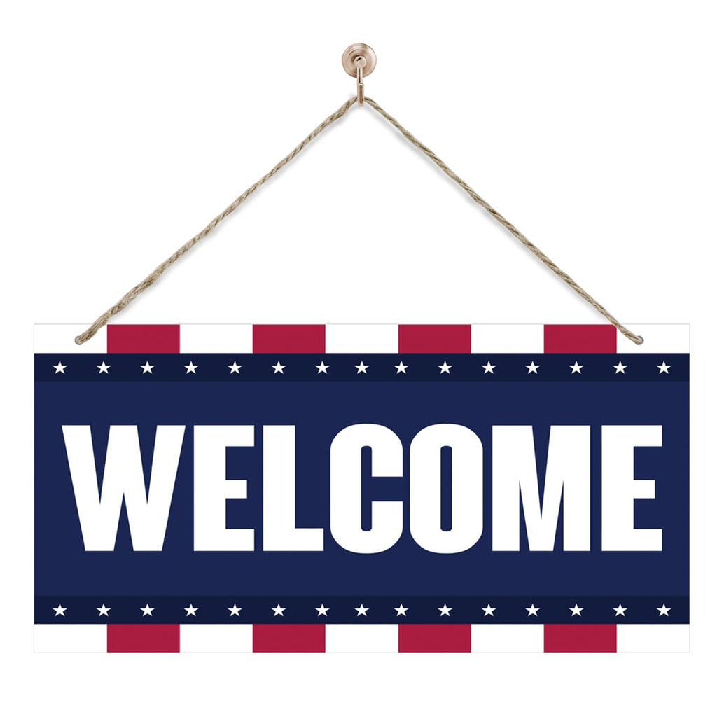 Welcome Sign for Front Door, Welcome Decor Wooden Hanging Sign, Patriotic American Theme Wall Hanging Decor, Funny Wooden Outdoor Front Door Decoration 13.8X6.9 inches