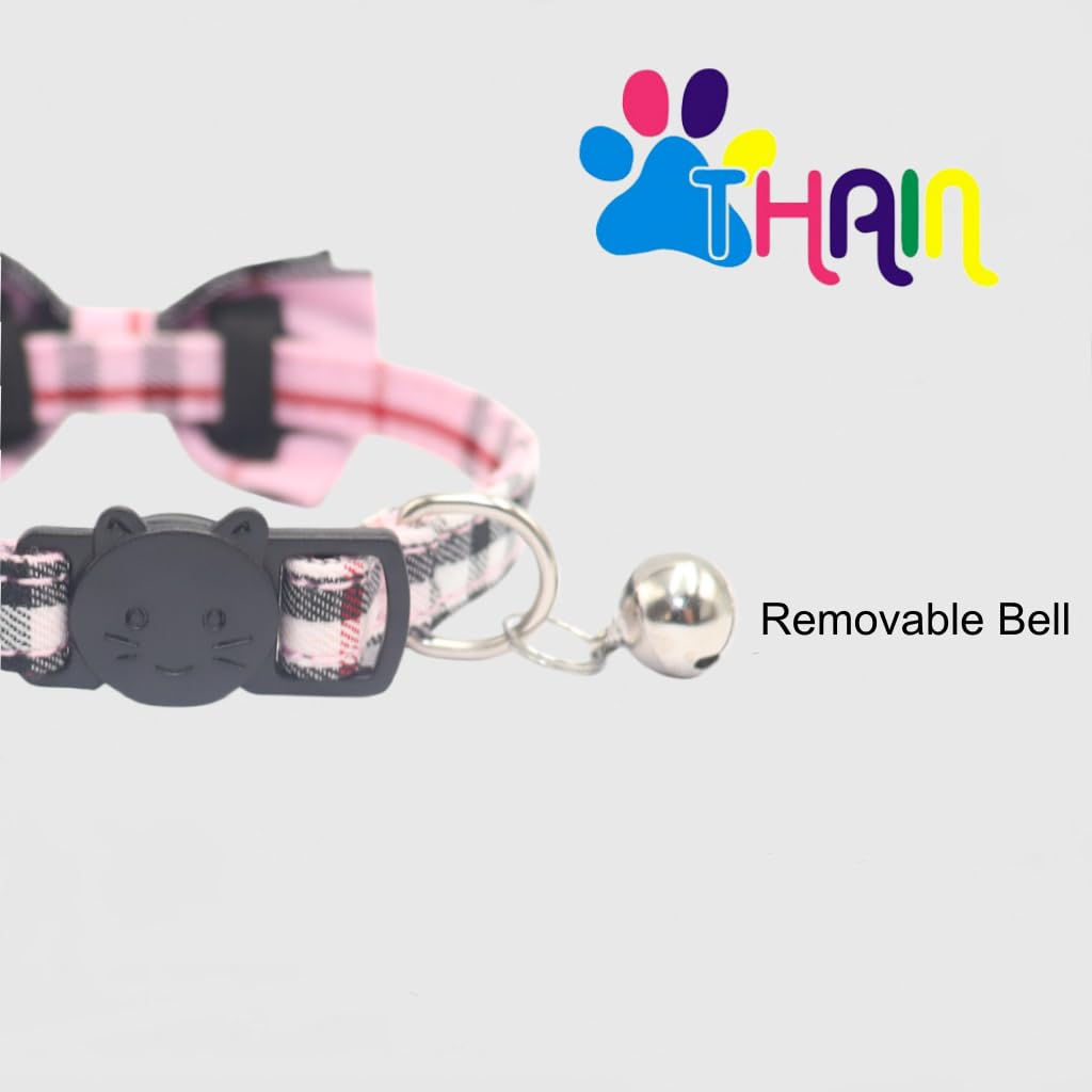 THAIN Cat Collar Breakaway with Bell and Bow Tie Safety Buckle Pink Plaid Pattern Adjustable 7-11 inches for Kitten Cats(Pink Plaid)