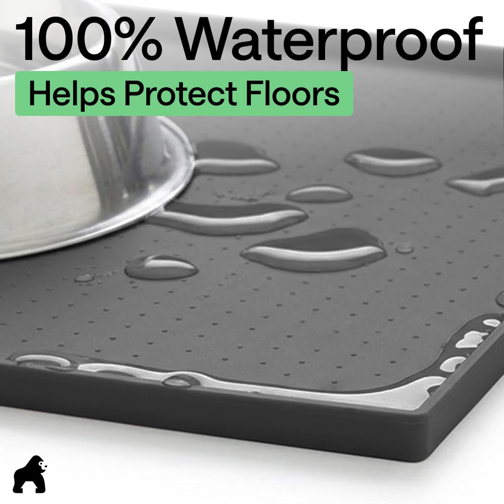 GORILLA GRIP 100% Waterproof Raised Edge BPA Free Silicone Pet Feeding Mat, Dog Cat Food Mats Contain Spills Protects Floors, Placemats for Cats and Dogs Water Bowl, Pets Accessories 16x10, Charcoal