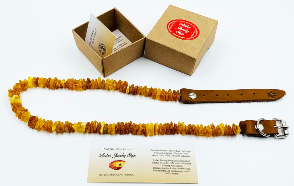 Baltic Amber Dog & Cat Collar with Adjustable Leather Strap - Raw Knotted Amber Beads (40-45cm)