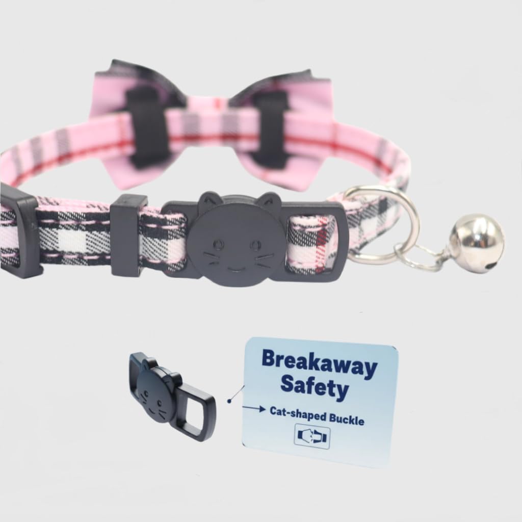 THAIN Cat Collar Breakaway with Bell and Bow Tie Safety Buckle Pink Plaid Pattern Adjustable 7-11 inches for Kitten Cats(Pink Plaid)