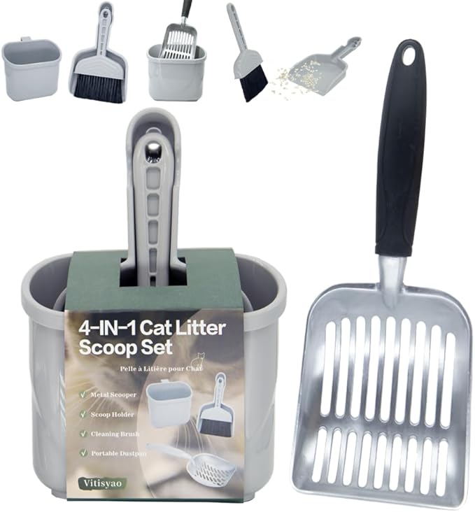 Vitisyao 4-in-1 Cat Litter Scoop with Holder, Metal Litter Scoop Includes Portable Small Broom and Dustpan Set, Heavy Duty Stainless Steel Kitty Litter Scooper (Black)