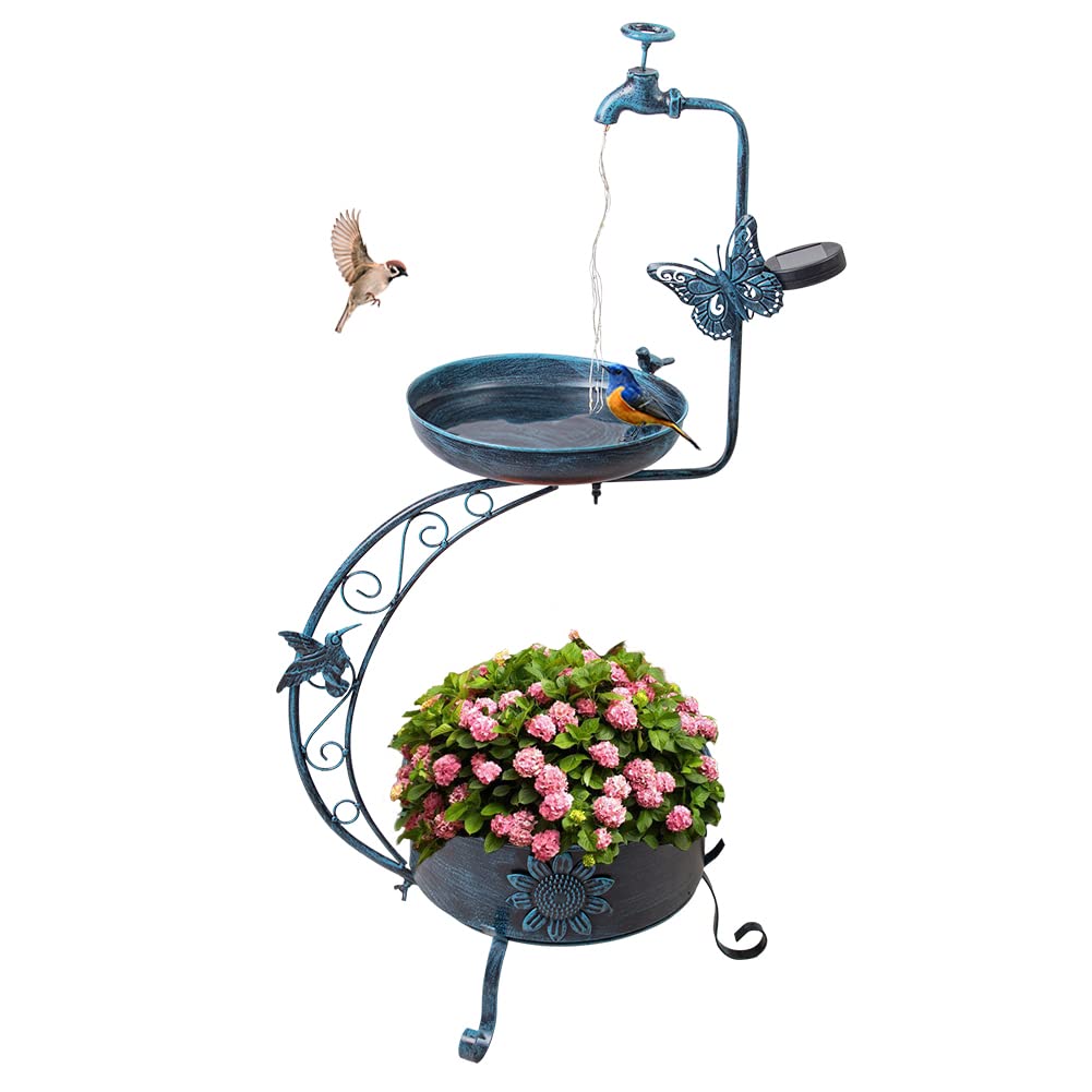 VEWOGARDEN Vintage Solar Bird Bath for Outside Garden with Planter, Outdoor Metal Standing Birdbath for Garden Yard Patio Decoration, Blue