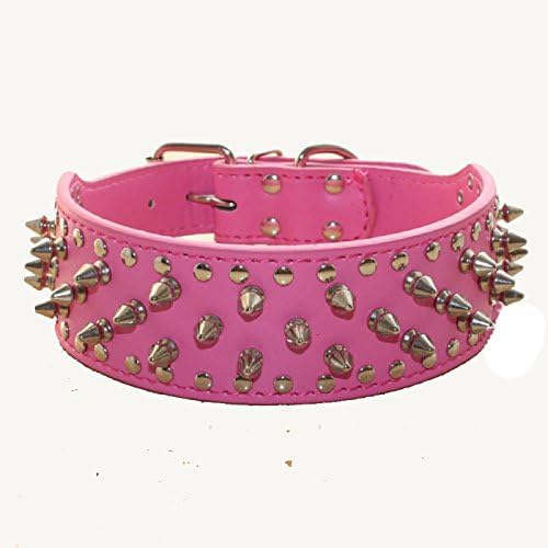 Serijoars Spiked Studded Dog Collar, PU Leather Dog Collar, Adjustable Pet Collars for Medium or Large Breed Pet (L, Hot Pink)