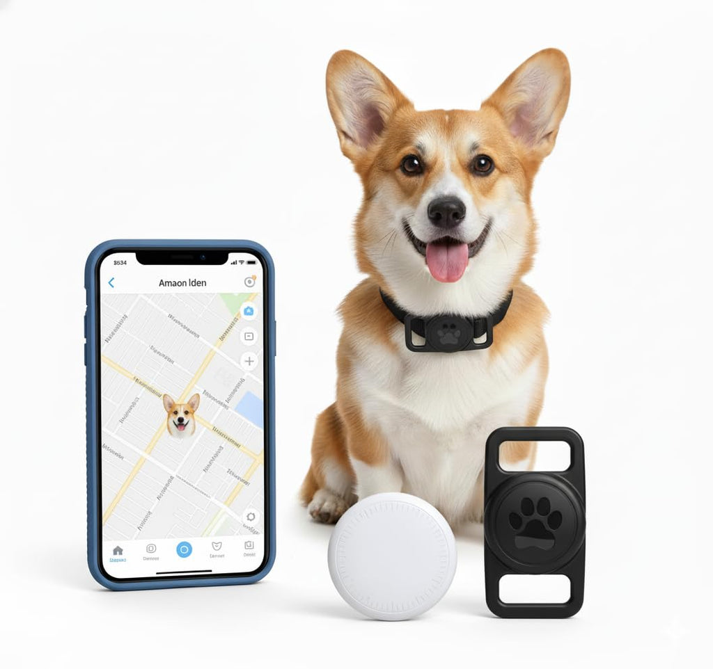 Smart Pet Location Tag with Holder – No Subscription, Compatible with Apple Find My (iOS Only), Lightweight Silicone Case, Clip-On Anti-Loss Accessory for Dog & Cat Collars, Bags (Black&White)