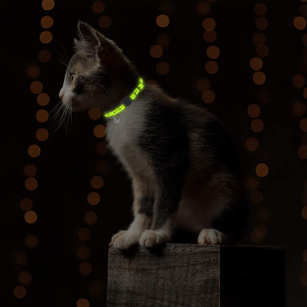 Cat Collars Breakaway with Bell - Glow in The Dark Collar 4 Pack - Fish & Cat Pattern 4 Colors for Kitty and Puppies, Adjustable from 7-11 Inch