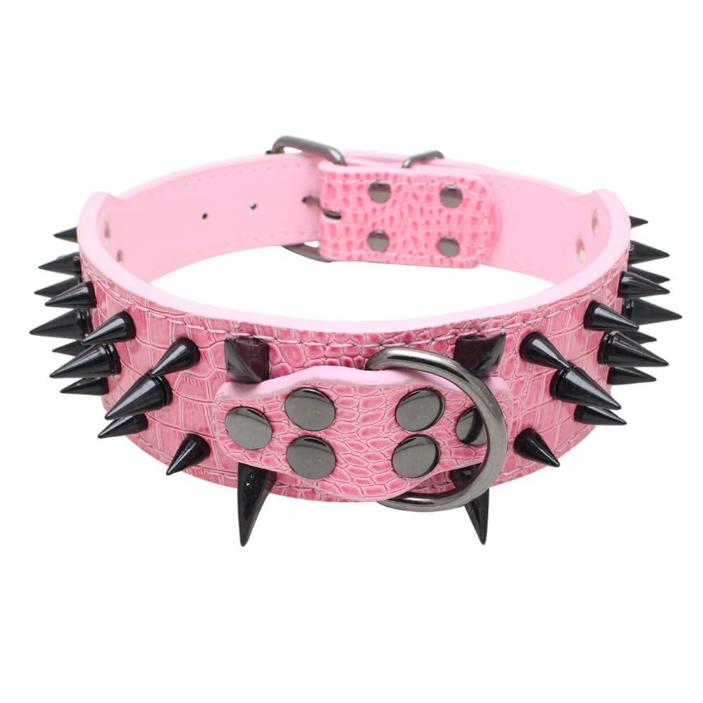 Serijoars Spiked Studded Dog Collar, PU Leather Dog Collar, Adjustable Pet Collars for Medium or Large Breed Pet (XL, Pink3)
