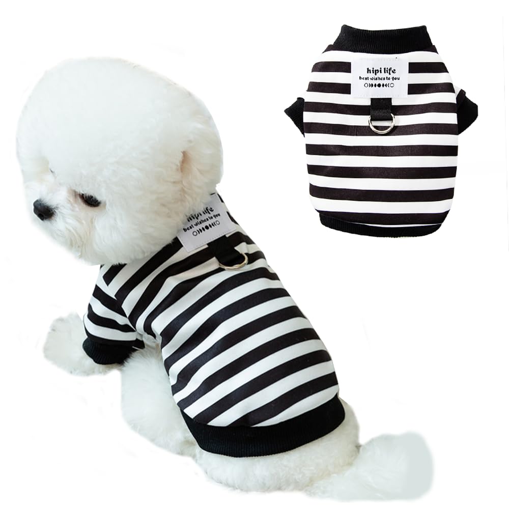 Anelekor Autumn Dog Hoodies with Leash Ring Warm Striped Puppy Shirt for Small Dog Girl Boy Cat Sweater Winter Pet Clothes Pomeranian Chihuahua Cold Weather Coat (Medium, Black)