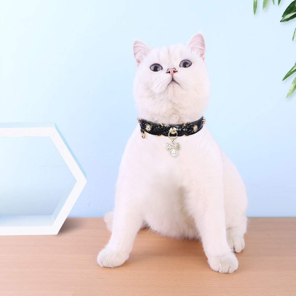 PetsHome Cat Collar, Dog Collar, [Bling Rhinestones] PU Leather Adjustable Pet Collar with Luxury Pendant for Big Cat and Small to Medium Dog Small Black