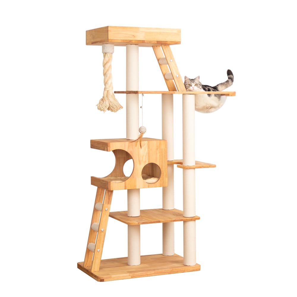 PETTIFUL 61.8" Wood Cat Tree Tower for Large Cats, Acrylic Bowl & Ladder