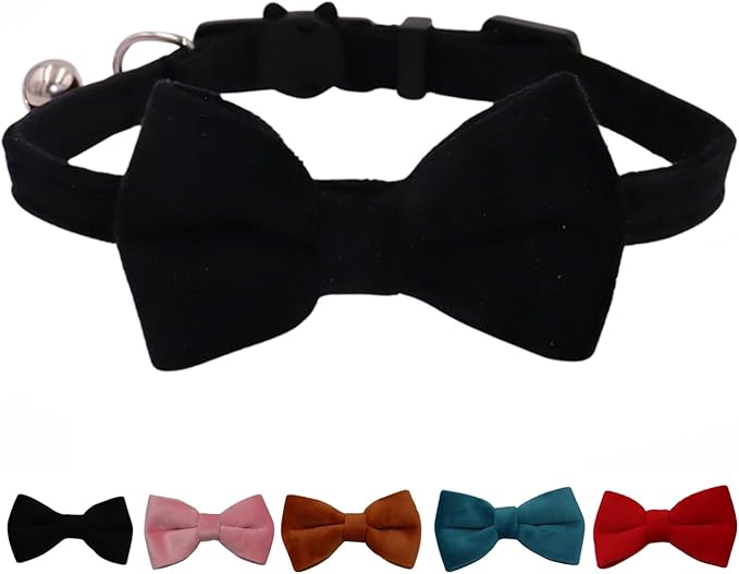 WDPAWS Cat Collar Breakaway with Bell and Removable Bow Tie Safety Buckle Velvet Adjustable 7-11 inches for Kitten Cats (Blue)