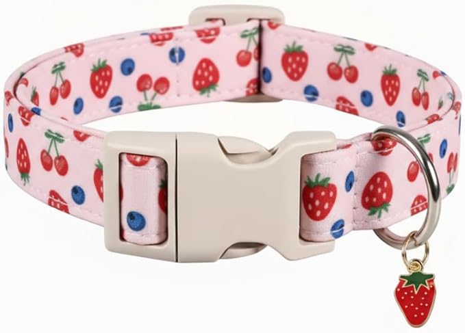 Britwicfr Pink Dog Collar, Female Dog Collar for Large Dogs with Strawberry, Cherry and Blueberry Print, Spring Summer Collar Made of Durable Soft Fabric, L