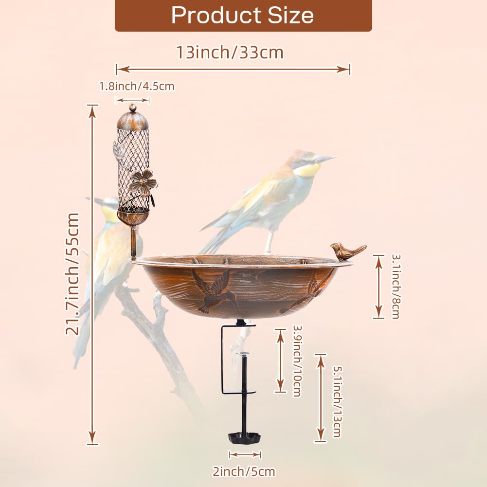 DREAMSOUL Deck Bird Bath with Feeder, 13" Bird Bath for Outside with Adjustable Sturdy Steel Clamp, Metal Birdbath Bowl for Railing Balcony Patio Decor