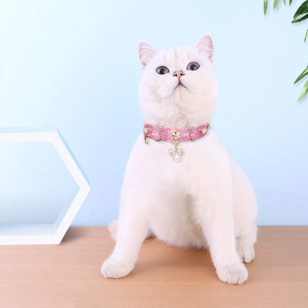 PetsHome Cat Collar, Dog Collar, [Bling Rhinestones] PU Leather Adjustable Pet Collar with Luxury Pendant for Cat and Small Dog Extra Small Pink