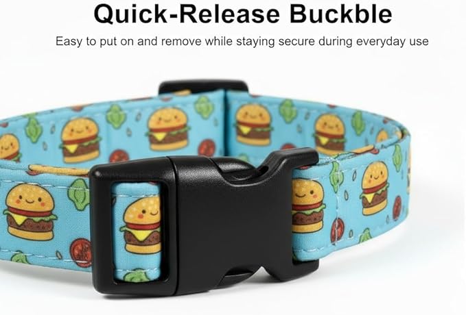 Britwicfr Cute Dog Collar, Blue Dog Collar with Burger Pattern and Cute Charm, Puppy Collar with Quick Release Buckle and Durable Fabric, Suitable for Medium and Large Dogs