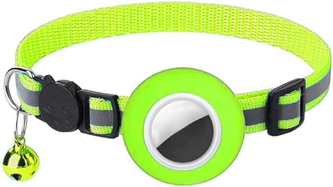 Tracker-Ready Breakaway Cat Collar (No Tracker Included) - Detachable GPS Holder + Safety Bell - Adjustable Reflective Collar with Quick-Release Buckle - for AirTag/Tile Compatible (Fluorescent Green)