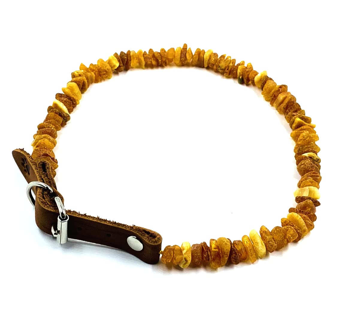 Baltic Amber Dog & Cat Collar with Adjustable Leather Strap - Raw Knotted Amber Beads (40-45cm)