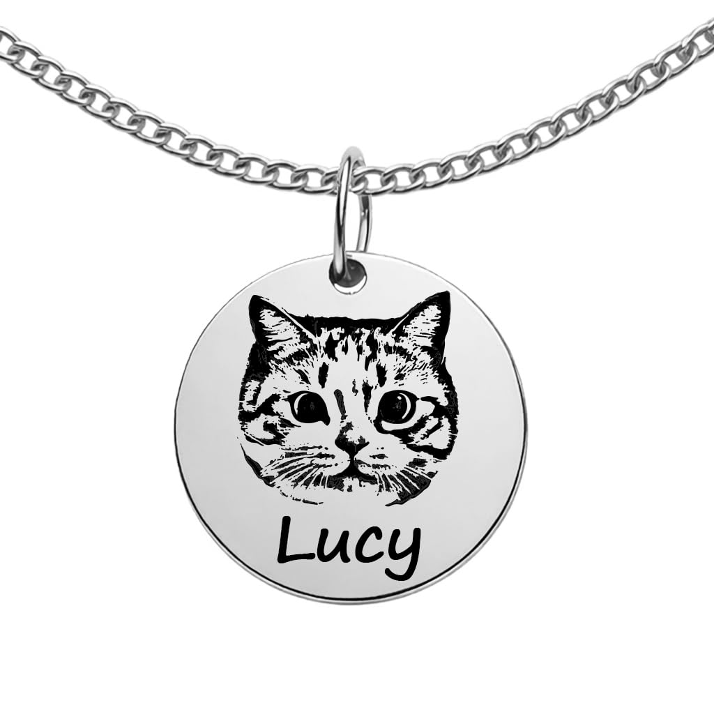 Custom Pet Portrait Necklace with Photo & Name – Dog or Cat Memorial Jewelry for Women or Men, Personalized Engraved Round Disc for Cat Loss, Dog Moms & Animal Lovers, Birthday, Christmas, Mothers Day
