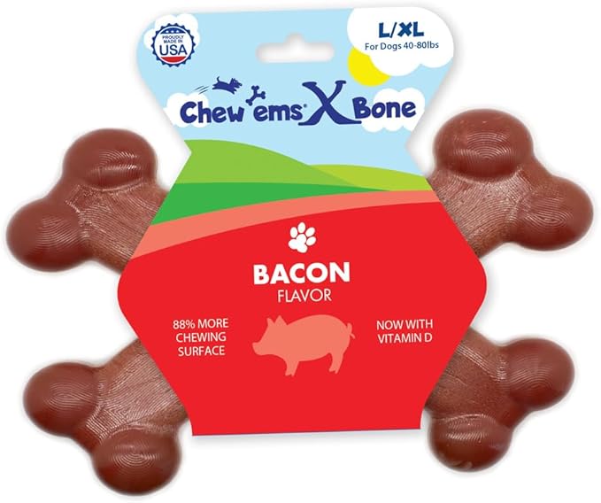 Chew’EMS X Bone Dog Chew Toy for Aggressive Chewers – Long-Lasting Bacon Flavor Nylon Bone – Durable, Rawhide-Free Dental Toy - Giant Size – Made in USA