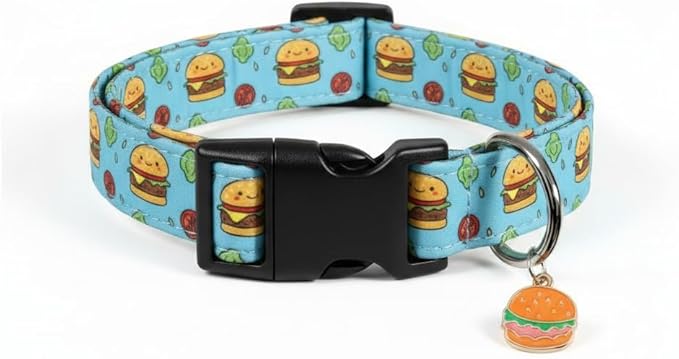Britwicfr Cute Dog Collar, Blue Dog Collar with Burger Pattern and Cute Charm, Puppy Collar with Quick Release Buckle and Durable Fabric, Suitable for Medium and Large Dogs