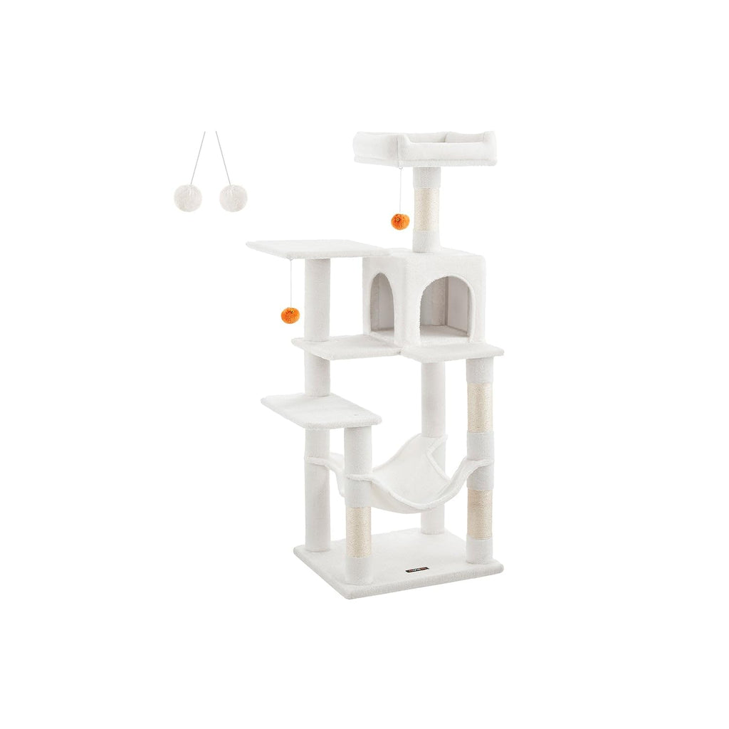 Feandrea Cat Tree, 54.2-Inch Cat Tower, Plush Multi-Level Condo with 4 Scratching Posts, 2 Perches, Hammock, Cave, Cream White UPCT161T01