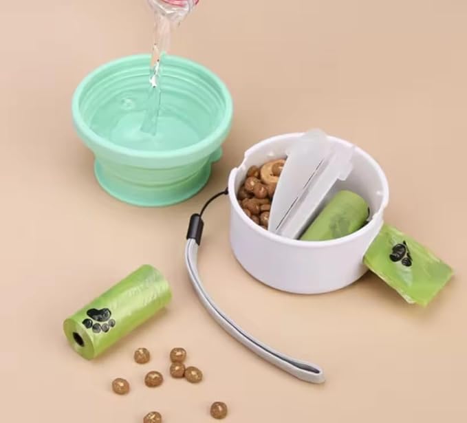 3 in 1 Collapsible Dog Bowl, Treat Container, Poop Bag Holder with 1 Roll Poop Bags – Practical Silicone Dog Bowl – Durable Pet Bowls for Travel Essentials, Daily Walks (Green)
