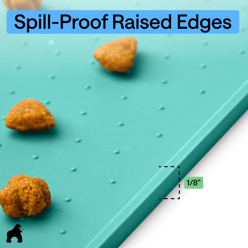 GORILLA GRIP 100% Waterproof Raised Edge BPA Free Silicone Pet Feeding Mat, Dog Cat Food Mats Contain Spills Protects Floors Placemats for Cats and Dogs Water Bowl Pets Accessories 18.5x11.5 Turquoise