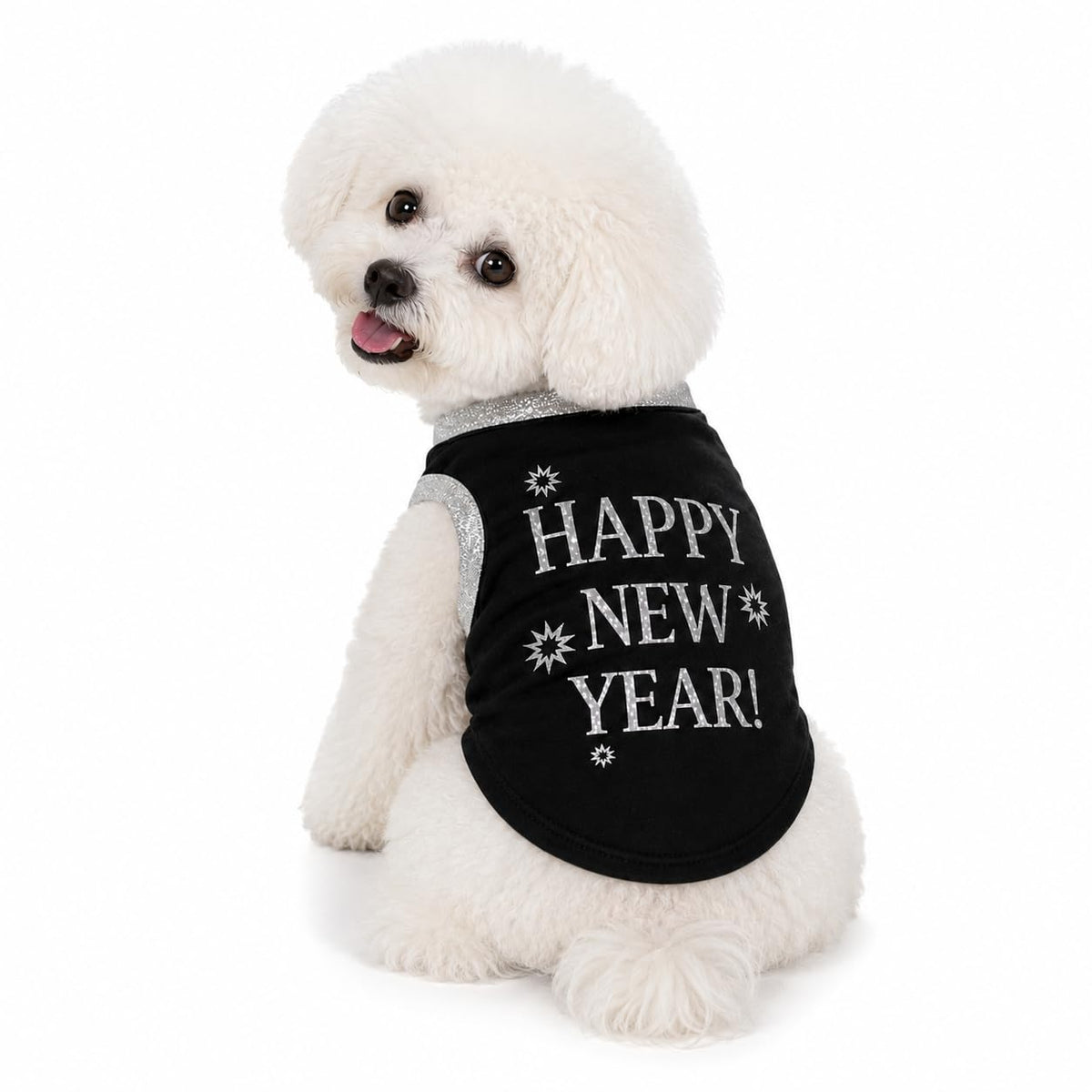 Petitebella Bling Happy New Year Puppy Dog Shirt (Black/Sliver, X-Large)