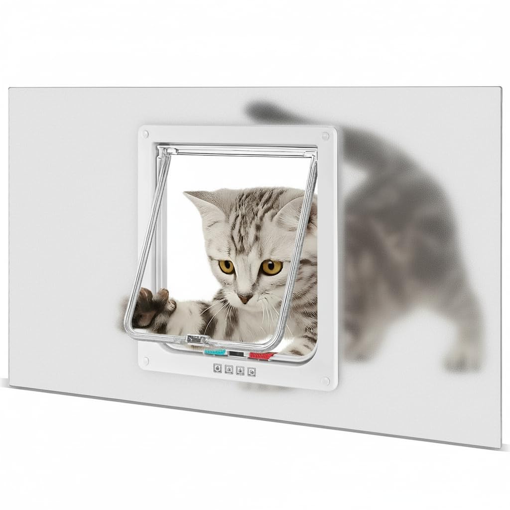 Cat Door for Window Insert, Fits 14-24 Inch, Clear Plexiglass, 4-Way Lock