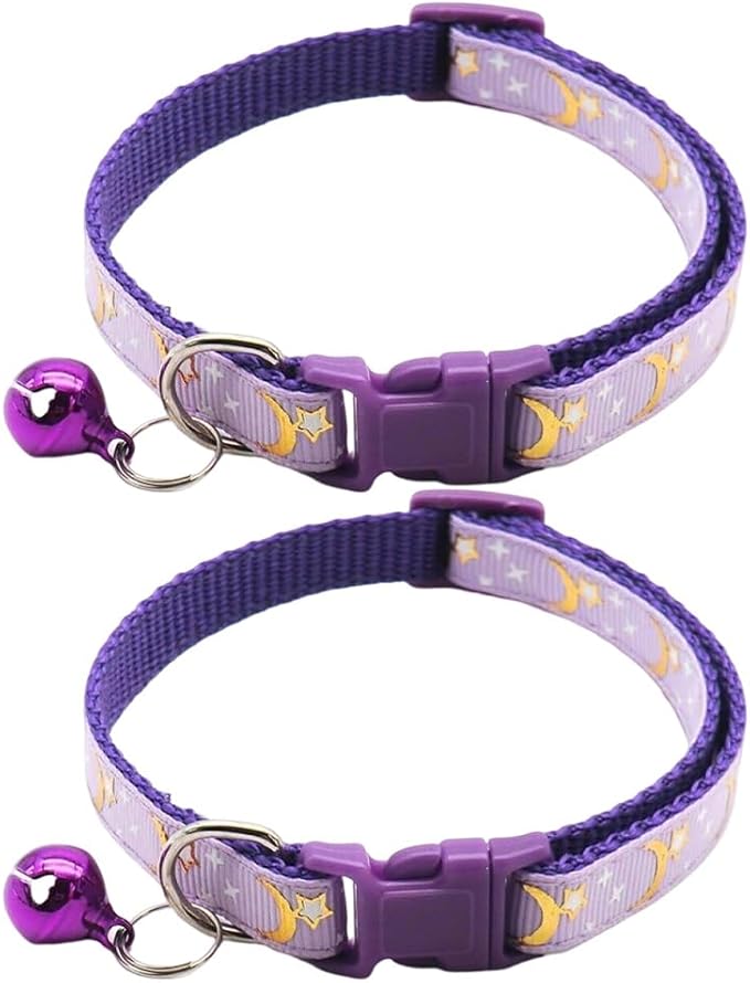 CCUUHJ Reflective Cat Collars Breakaway with Bell Moons Stars 2 Pack Girl Boy Pet Kitten Collar Adjustable 7.5-12.5 Inch (Purple)