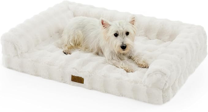 Faux Fur Orthopedic Dog Bed, Large Dog Bed, Supportive Foam Pet Sofa with Waterproof Lining Cover, Washable U-Shaped Pet Couch with Anti-Slip Bottom Design