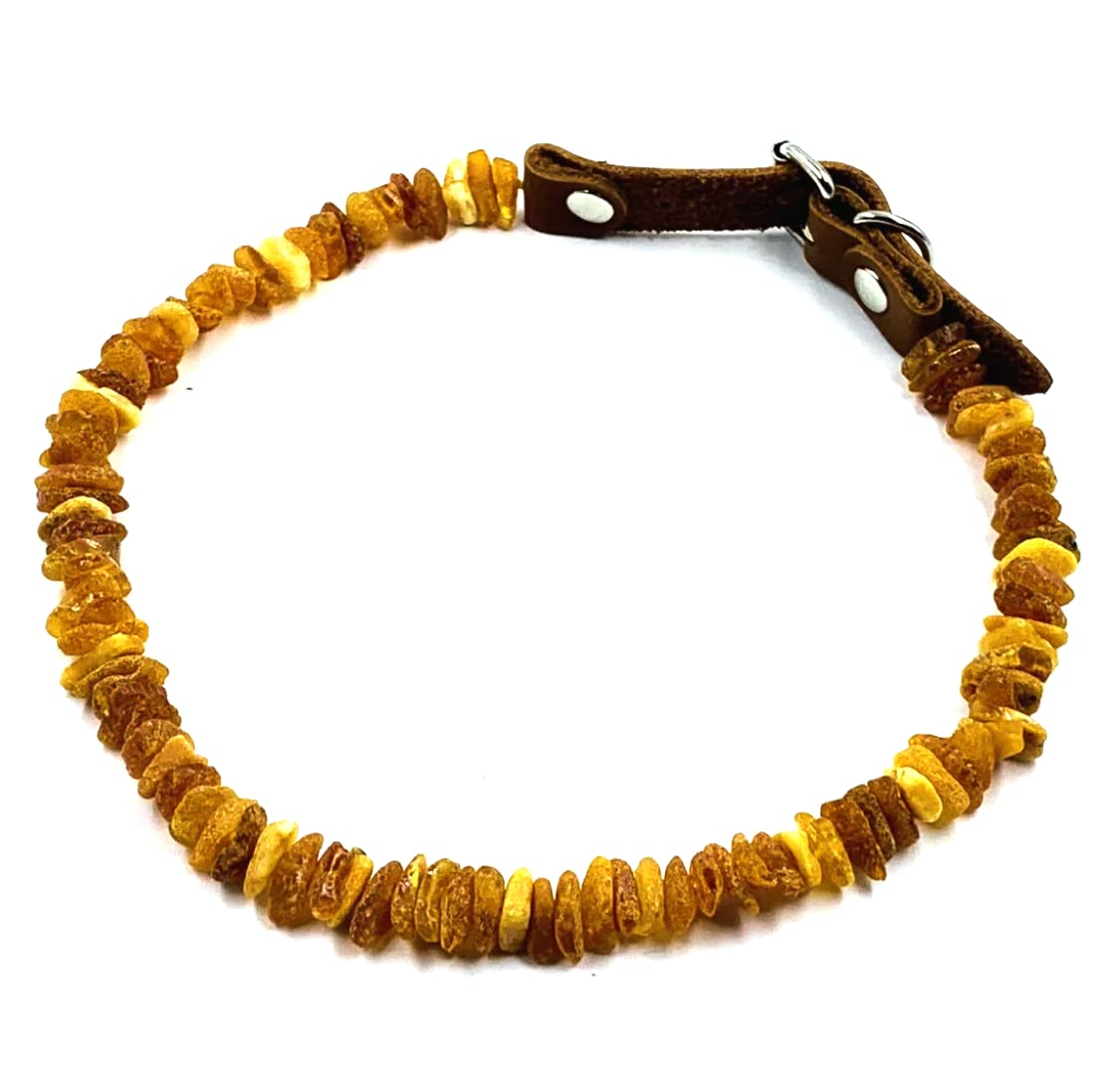 Baltic Amber Dog & Cat Collar with Adjustable Leather Strap - Raw Knotted Amber Beads (40-45cm)