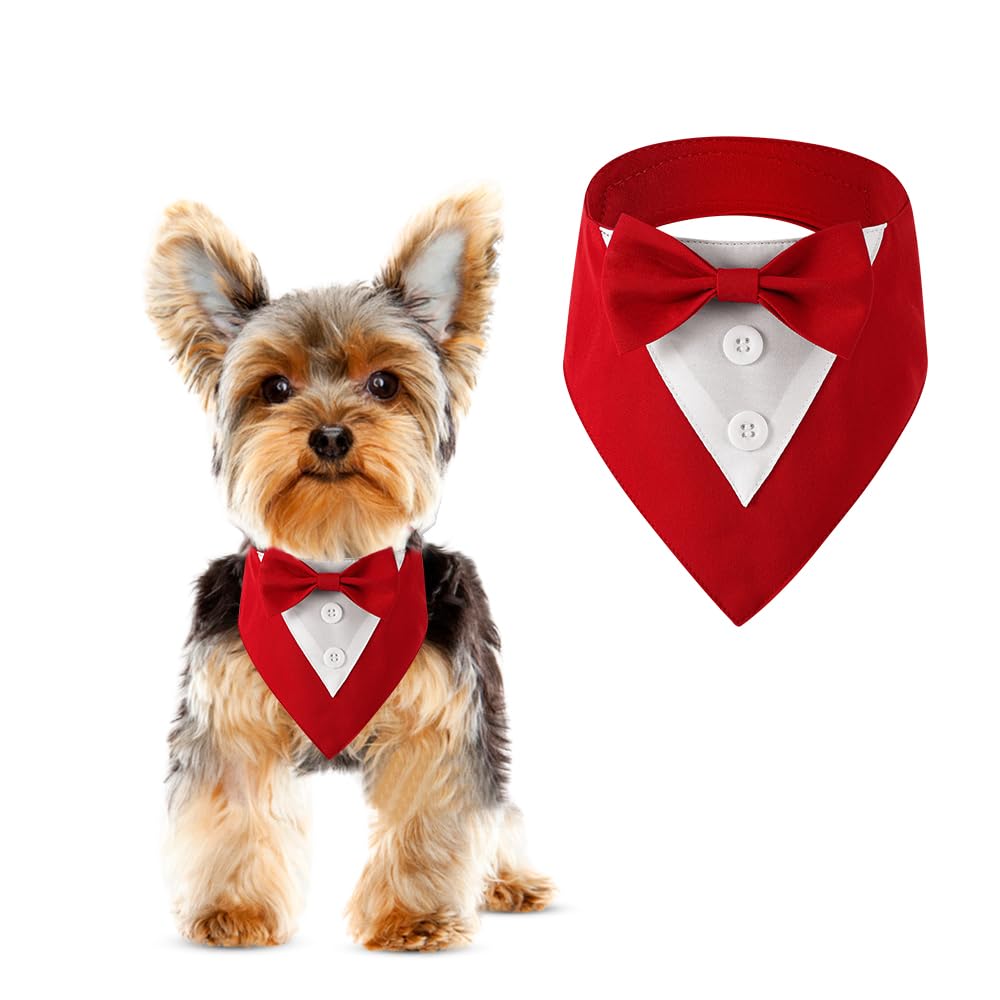 Dog Tuxedo, Adjustable Formal Wedding Outfit Bandana Dog Tux Collar with Bow Tie, Pet Birthday Valentines Outfit Cosplay(X-Small)
